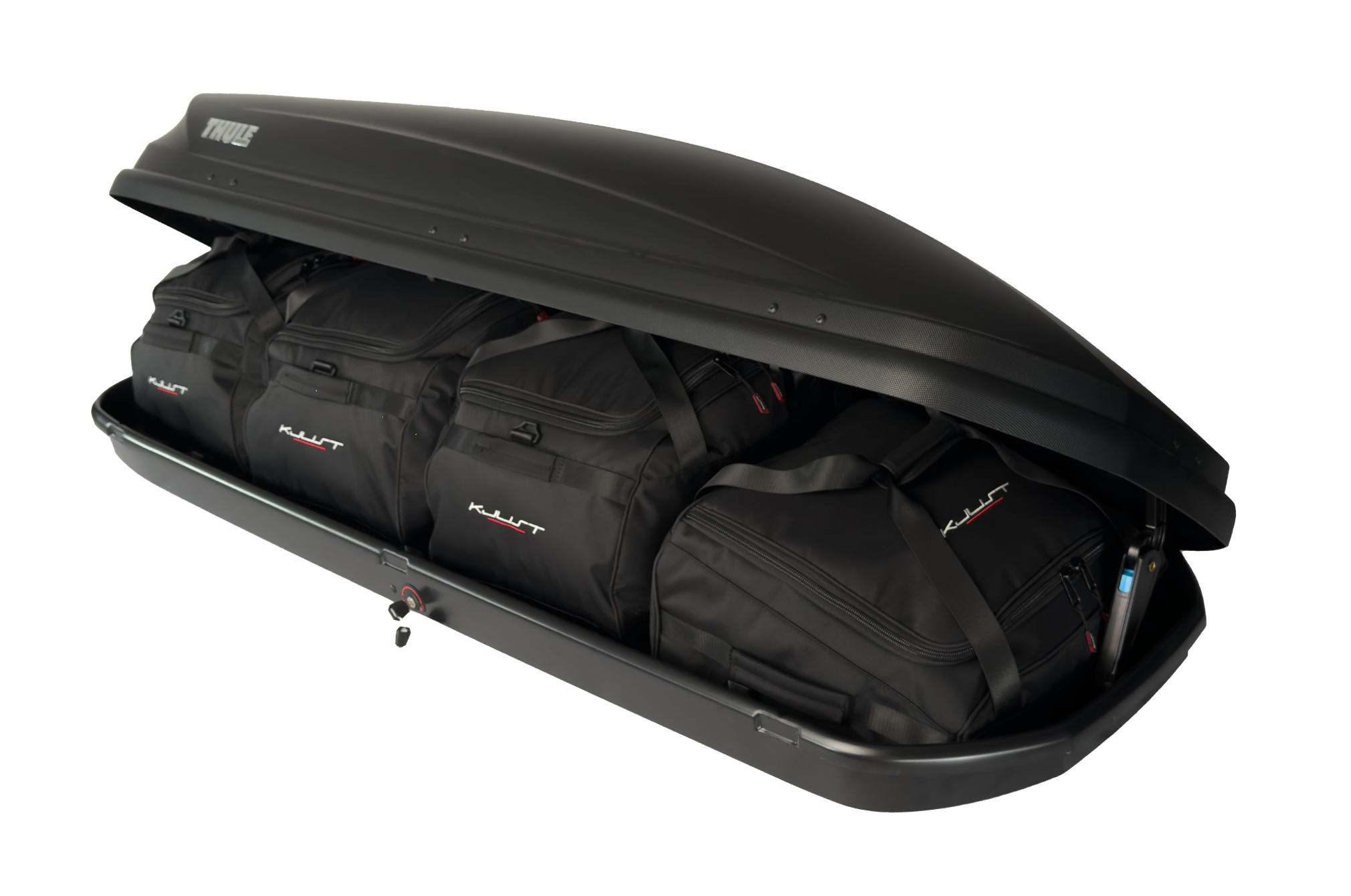 Torby KJUST do boksu dachowego Thule Pacific 600 — torby ułożone w boksie