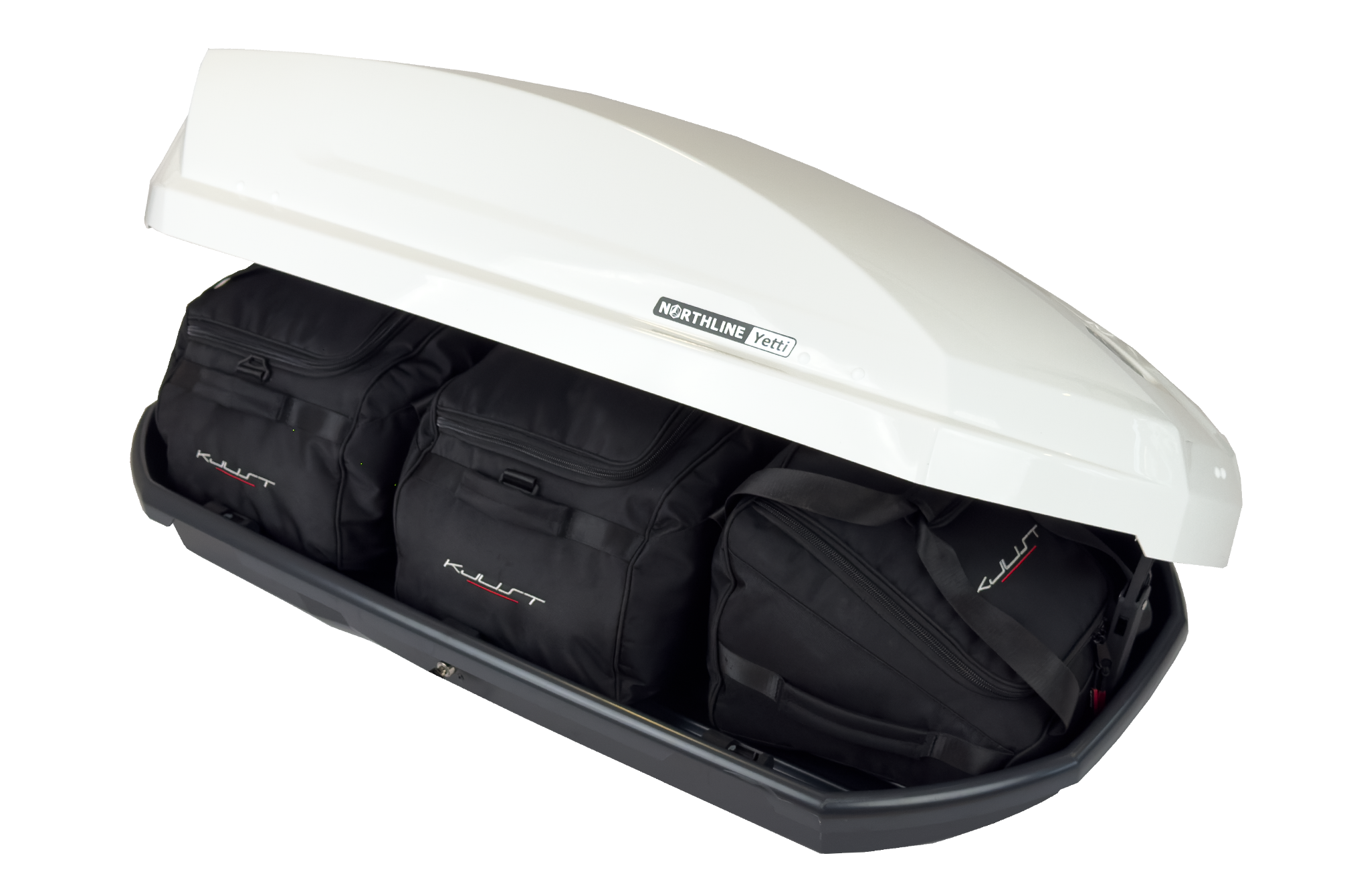 Torby KJUST do boksu dachowego Northline Yetti 300 — torby ułożone w boksie