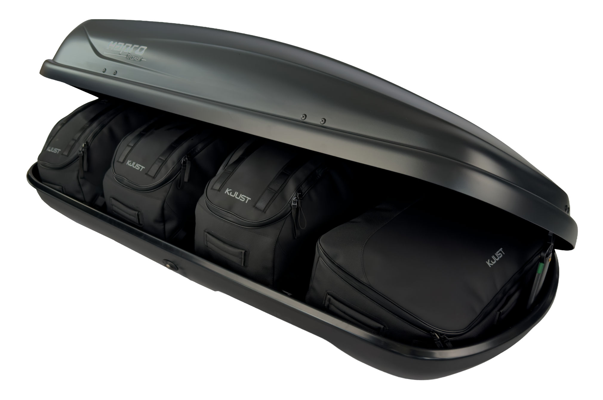 Torby KJUST PRO do boksu dachowego Hapro Traxer 5.6 — torby ułożone w boksie