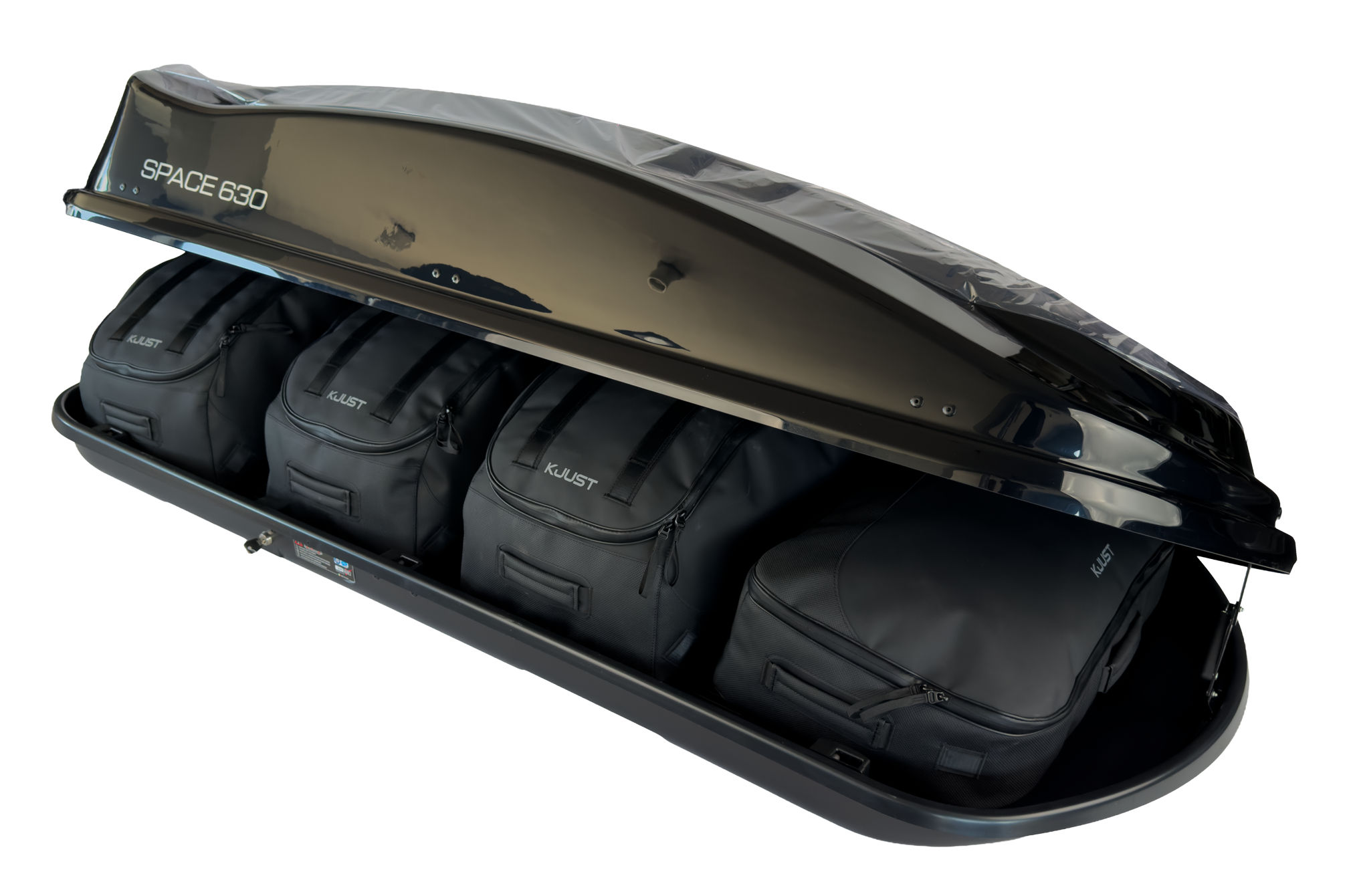 Torby KJUST PRO do boksu dachowego LevUp Space 630 — torby ułożone w boksie