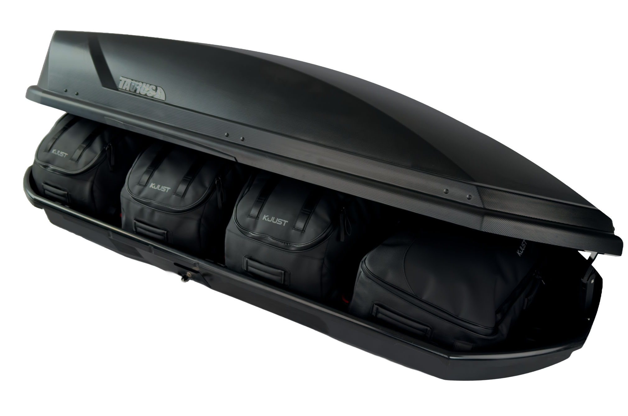 Torby KJUST PRO do boksu dachowego Taurus Adventure 480 — torby ułożone w boksie