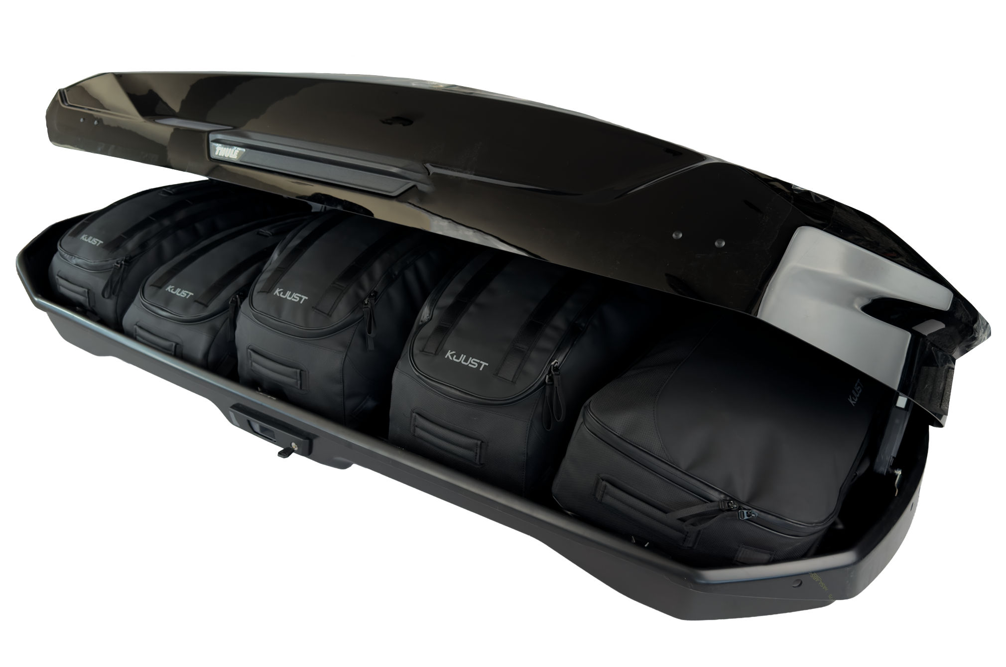 Torby KJUST PRO do boksu dachowego Thule Motion 3 XL — torby ułożone w boksie
