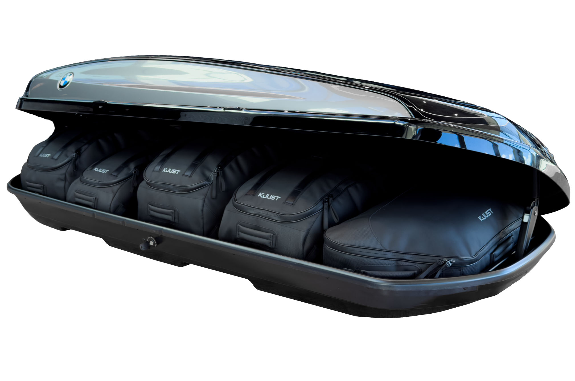 Torby KJUST PRO do boksu dachowego BMW 82732406459 520L — torby ułożone w boksie
