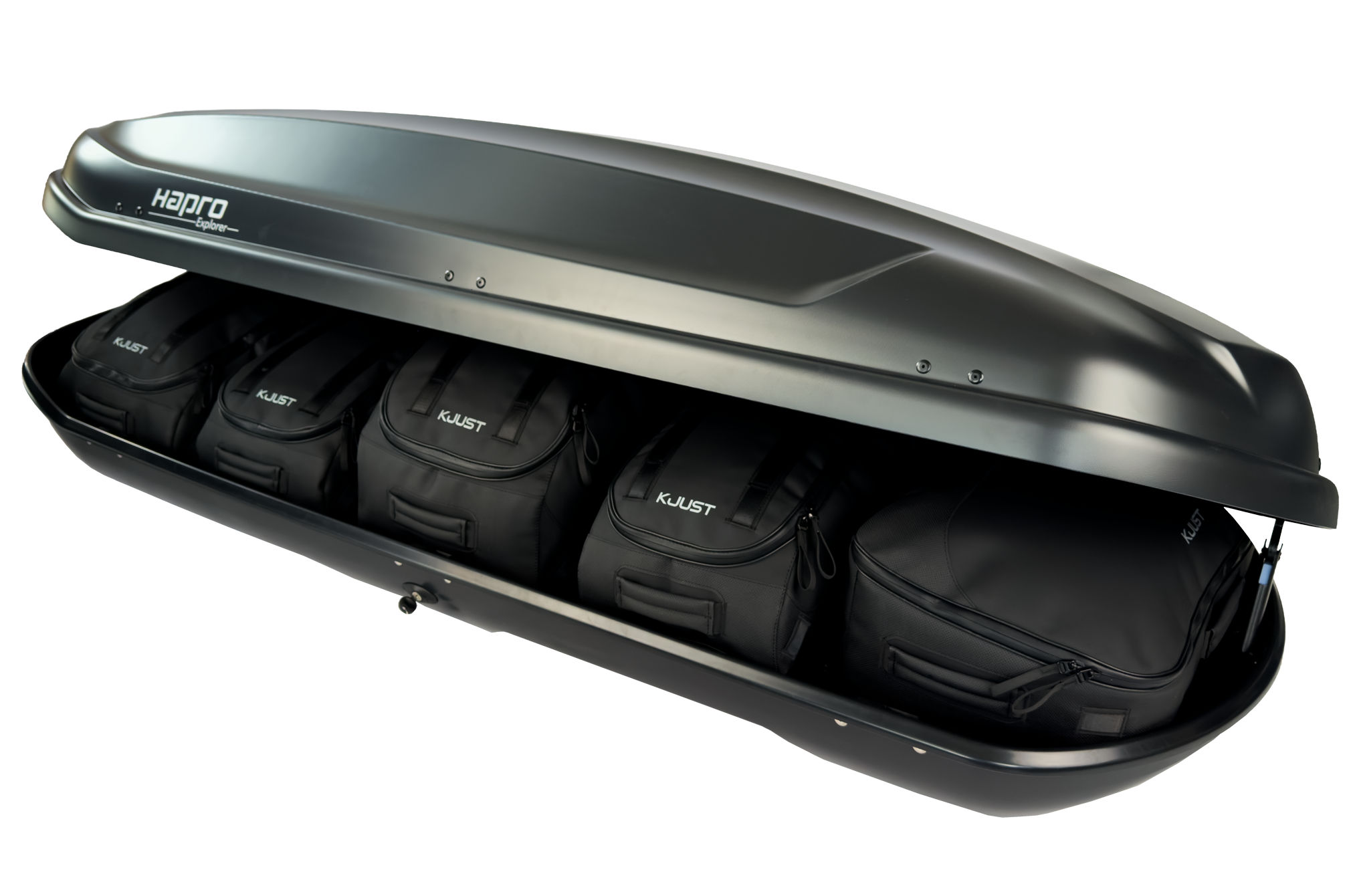 Torby KJUST PRO do boksu dachowego Hapro Explorer 500 — torby ułożone w boksie