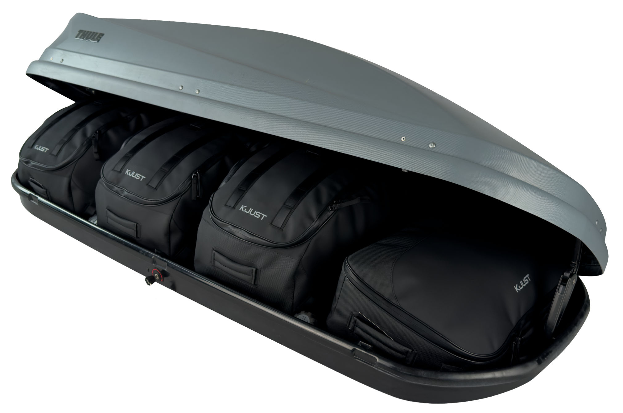 Torby KJUST PRO do boksu dachowego Thule Touring L — torby ułożone w boksie
