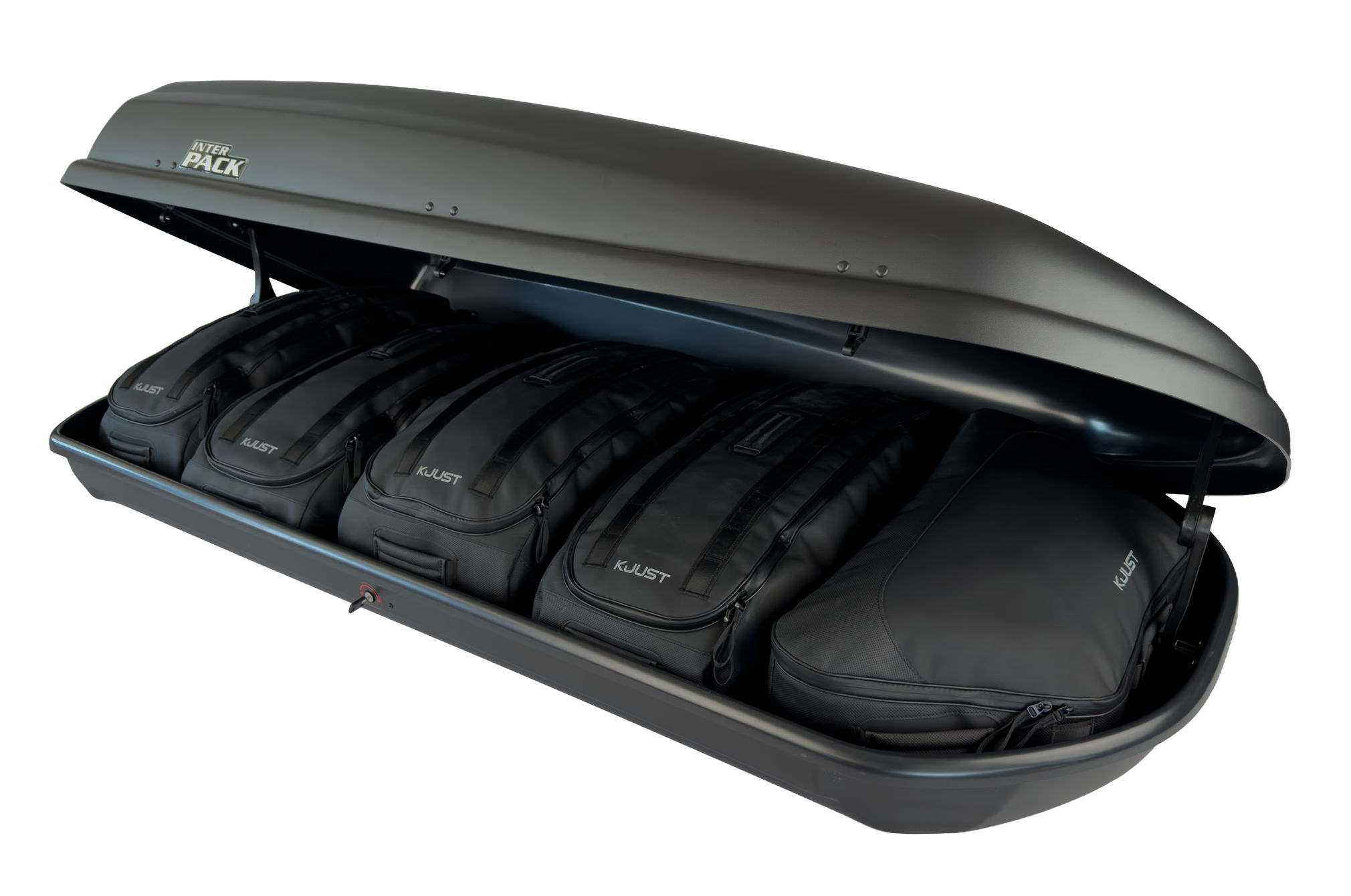 Torby KJUST PRO do boksu dachowego Interpack Gran Torino — torby ułożone w boksie