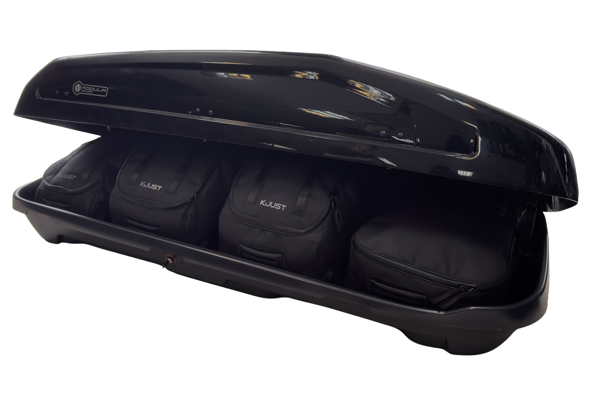 Torby KJUST PRO do boksu dachowego Modula EVO 470 — torby ułożone w boksie