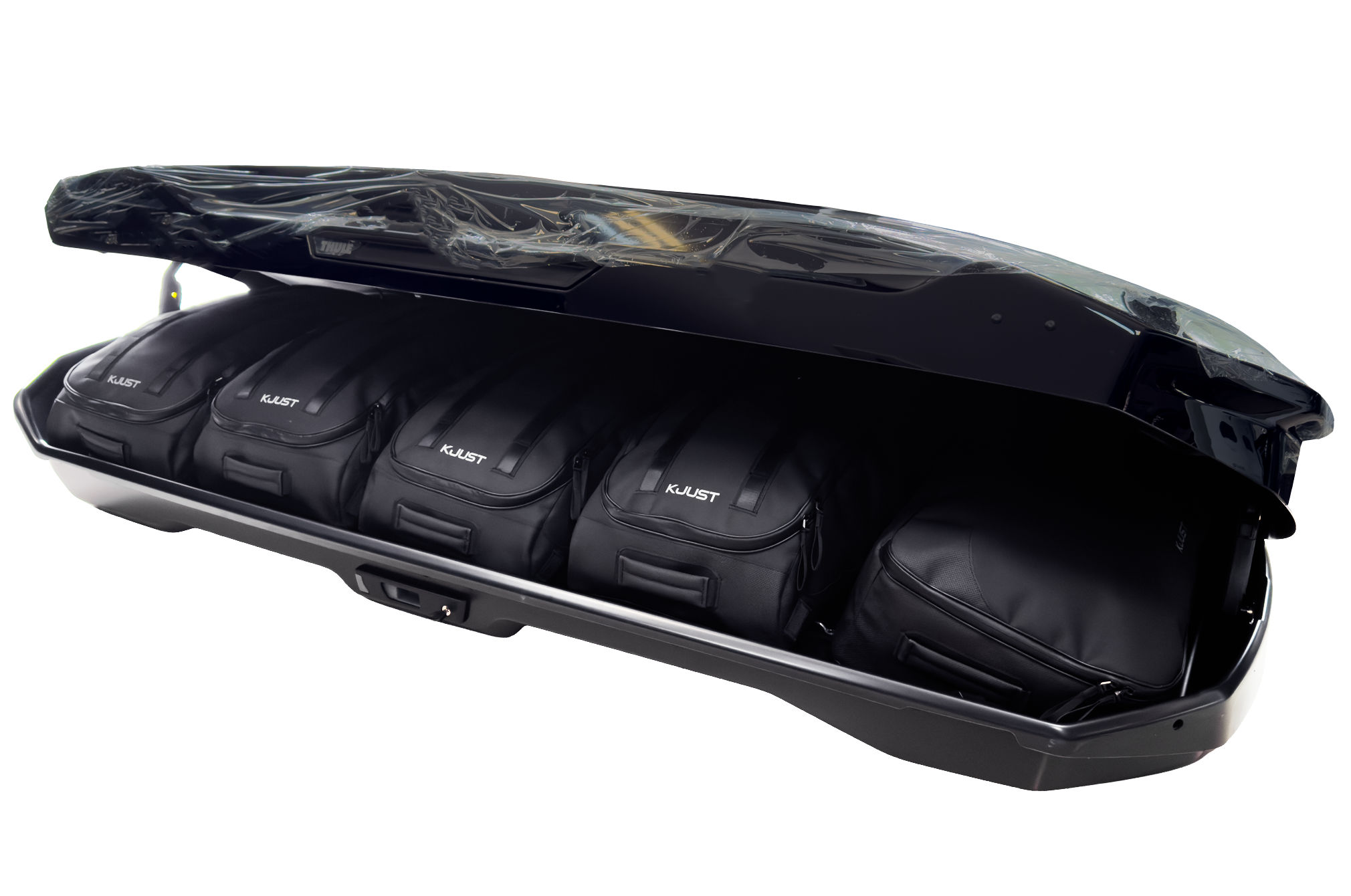 Torby KJUST PRO do boksu dachowego Thule Motion 3 XXL LOW — torby ułożone w boksie