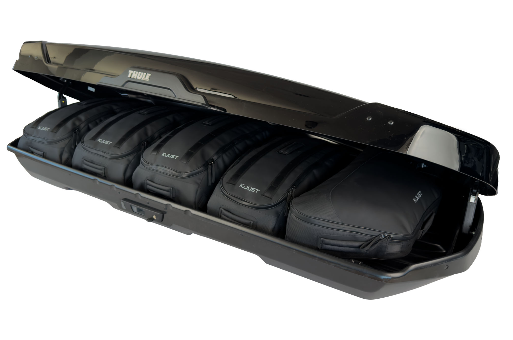 Torby KJUST PRO do boksu dachowego Thule Motion XT Alpine — torby ułożone w boksie