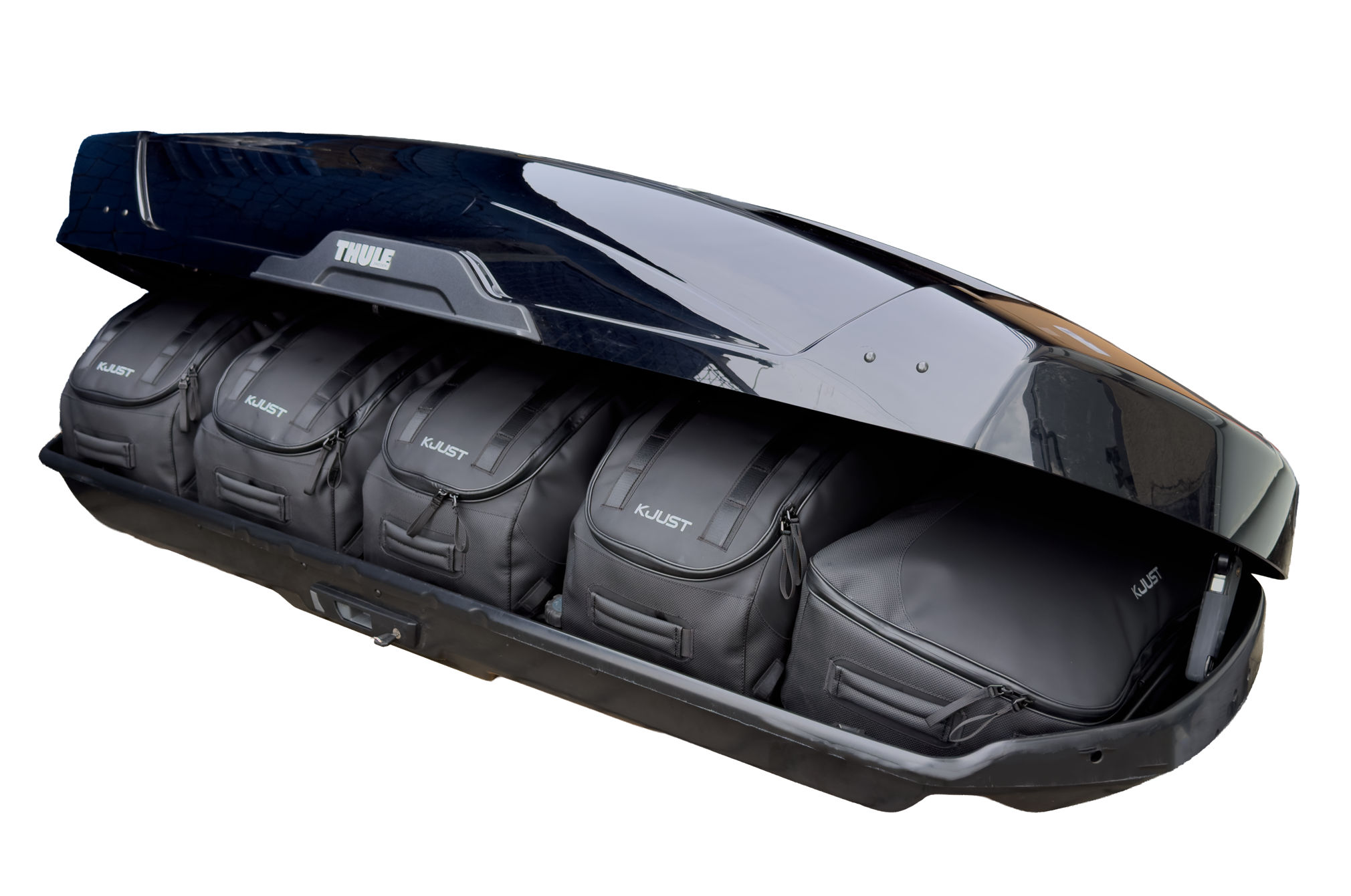 Torby KJUST PRO do boksu dachowego Thule Motion XT XL — torby ułożone w boksie