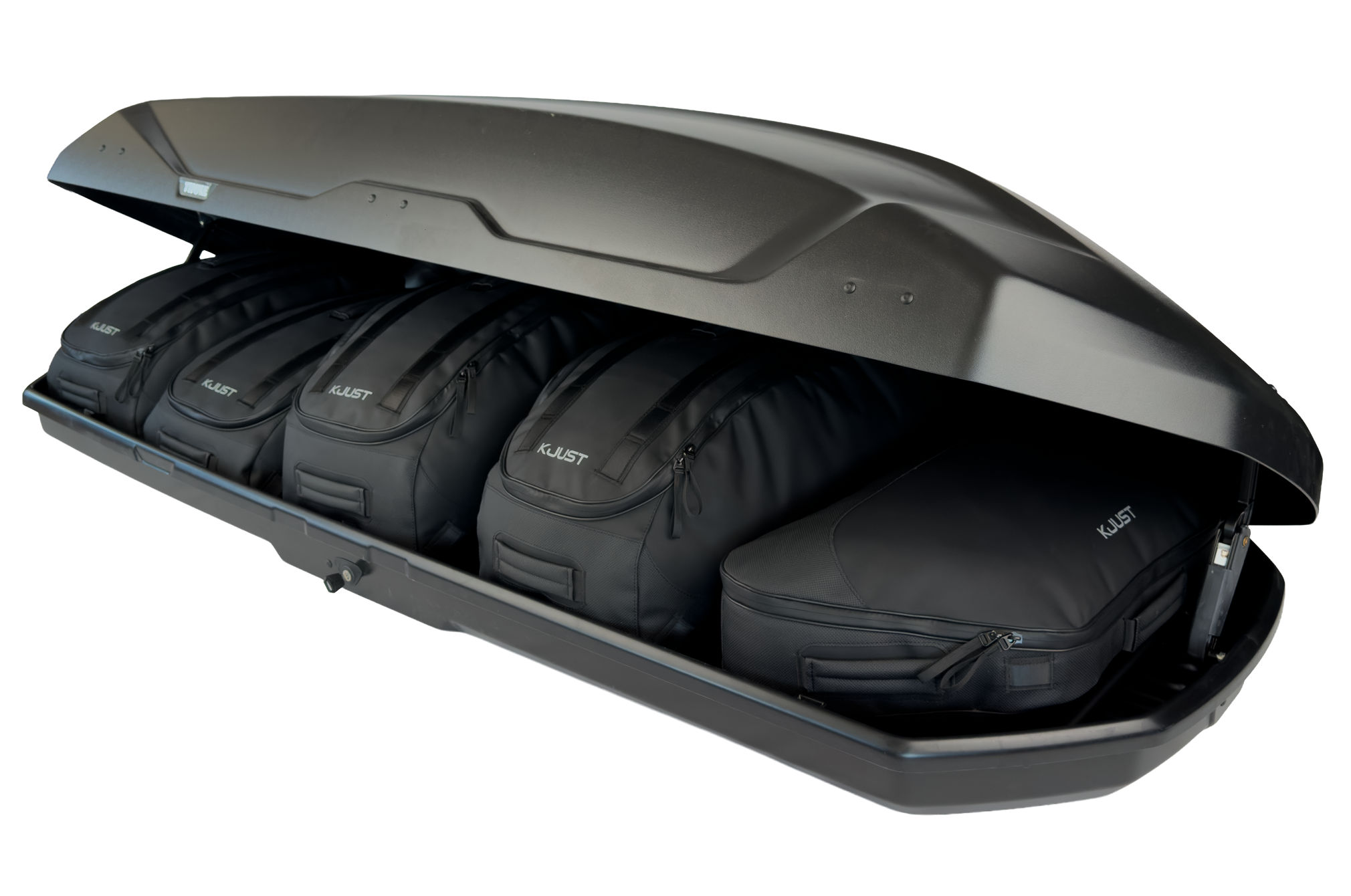 Torby KJUST PRO do boksu dachowego Thule Pulse 2 XL — torby ułożone w boksie
