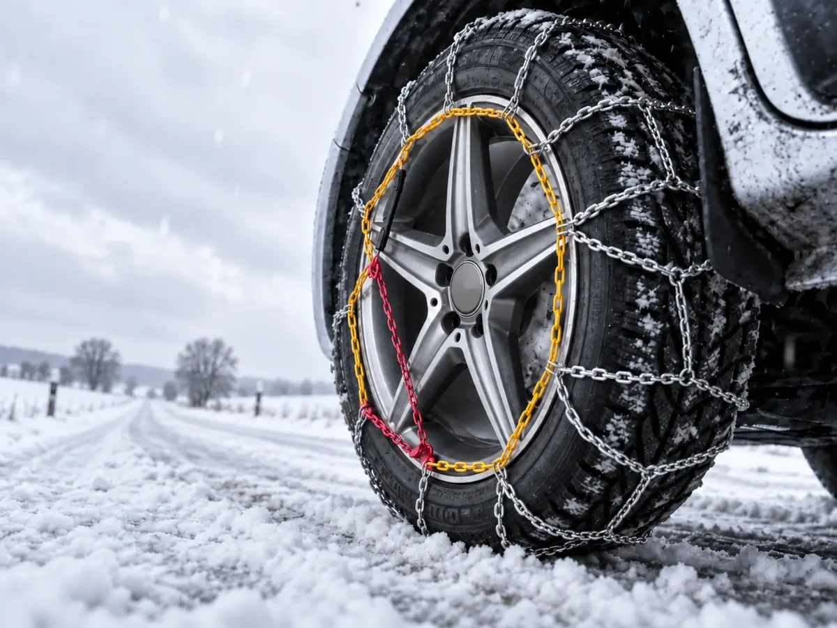 Grafika AI: Koło auta z łańcuchami śniegowymi Campcar KNS 95 9 mm na zaśnieżonej drodze - Sklep motozebra